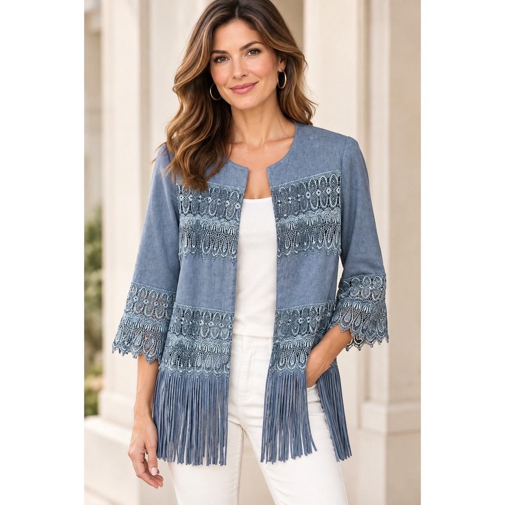 Chicos Blue Faux Suede Fringe Western Jacket Coat Sz 1 M Long New Boho
